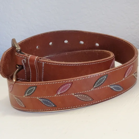 Vintage GAP Leather Leaf Inlay Belt, Saddle Brown, Brass Buckle, Medium, EUC - Picture 3 of 14